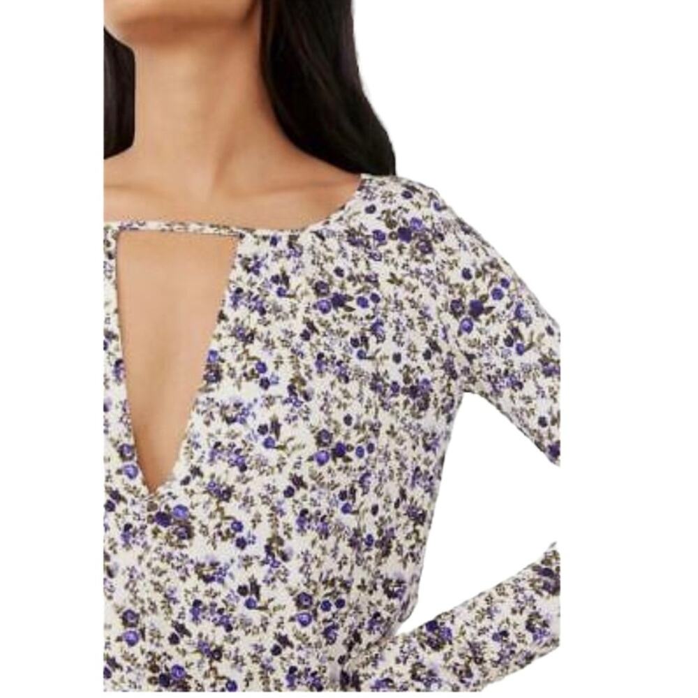 Free People Kaya Ivory Purple Floral Cut Out Long Sleeve Bodysuit XS - Picture 3 of 9